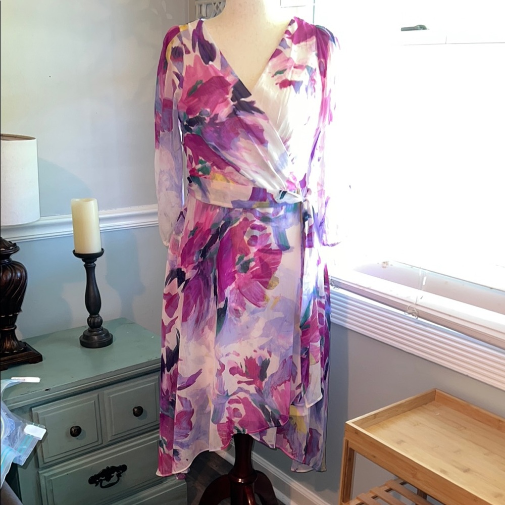 DKNY Purple and Pink Ruched Wrap Midi Dress Size 10